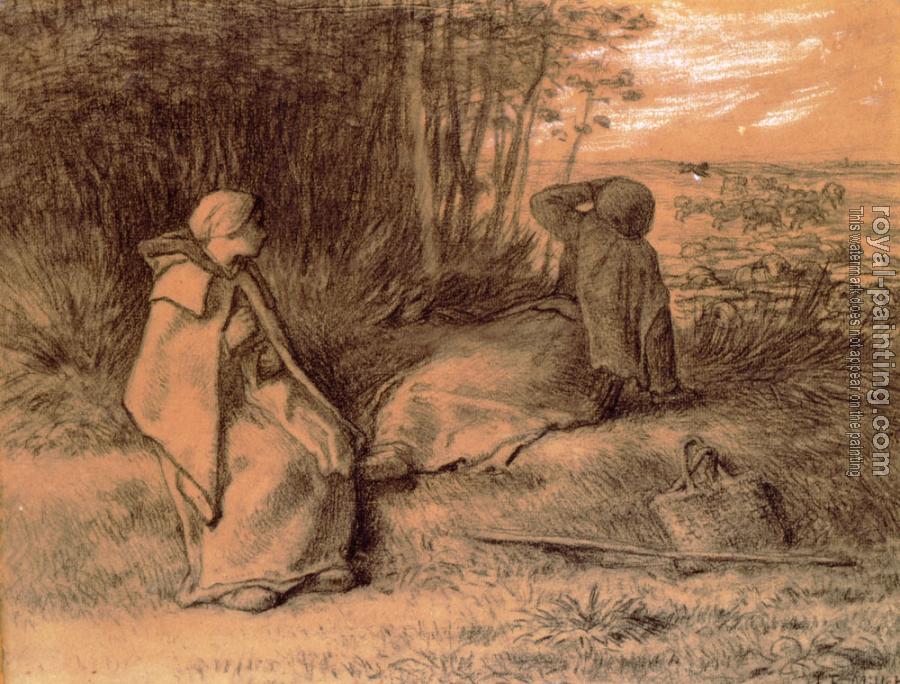 Jean-Francois Millet : Shepherdesses Seated In The Shade